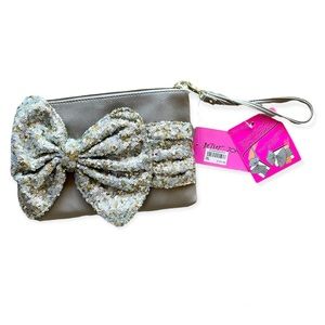 Betsey Johnson Vegan leather taupe, sequin bow wristlet-clutch. NWT
